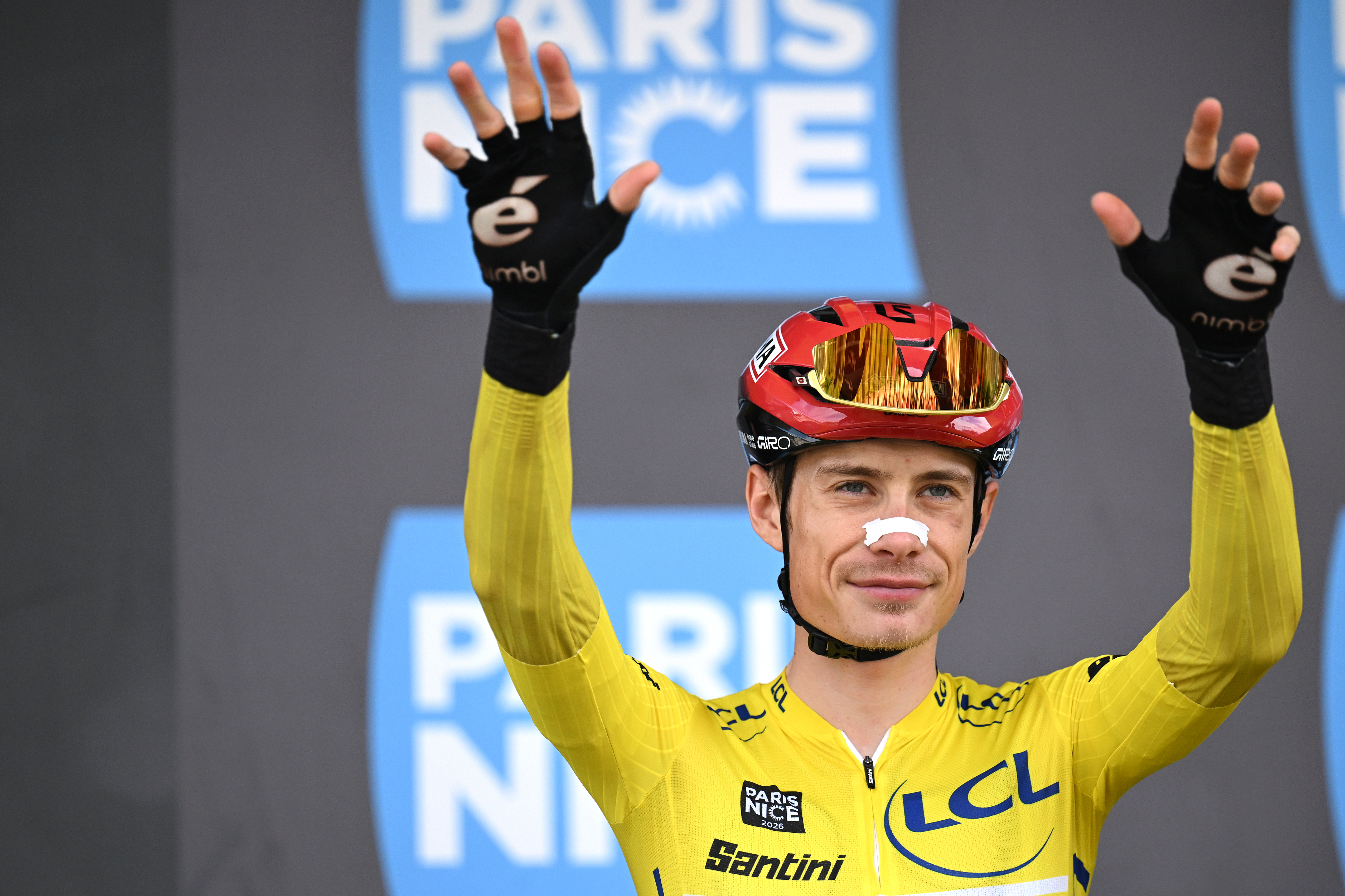 NICE, FRANCE - MARCH 15: Jonas Vingegaard of Denmark and Team Visma | Lease a Bike - Yellow Leader Jersey prior to the 84th Paris-Nice 2026, Stage 8 a 129.2km stage from Nice to Nice / #UCIWT / on March 15, 2026 in Nice, France. (Photo by Szymon Gruchalski/Getty Images)