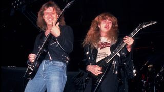 Chris Poland, left, and Dave Mustaine of Megadeth perform onstage at the UIC Pavilion (University of Illinois - Chicago) in Chicago, Illinois, February 12, 1987