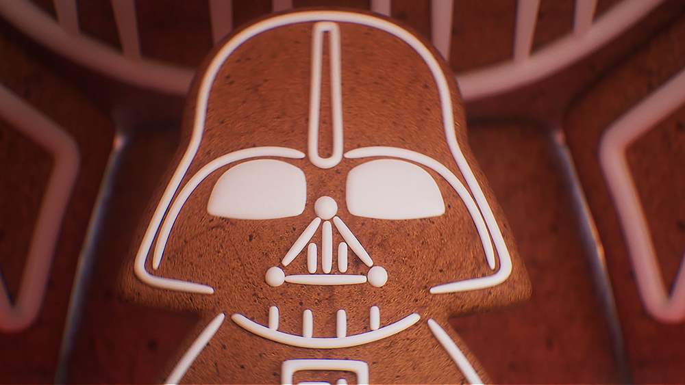 A gingerbread Darth Vader from Christmas Star Wars Minis animation The Gingerbread Death Star Crumbles 