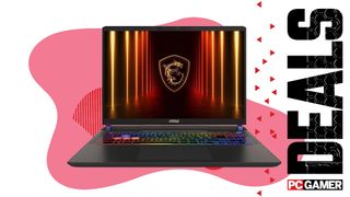 An MSI Vector 16 HX AI 16 gaming laptop on a custom PC Gamer deals background.