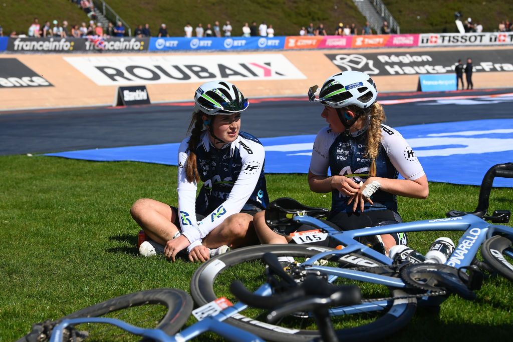 ROUBAIX FRANCE APRIL 16 LR Gaia Masetti of Italy and Maud Rijnbeek of Netherlands and Team Ag Insurance Nxtg reacts after cross the finishing line in the Roubaix Velodrome Vlodrome Andr Ptrieux during the 2nd ParisRoubaix 2022 Womens Elite a 1247km one day race from Denain to Roubaix ParisRoubaixFemmes ParisRoubaix on April 16 2022 in Roubaix France Photo by Tim de WaeleGetty Images