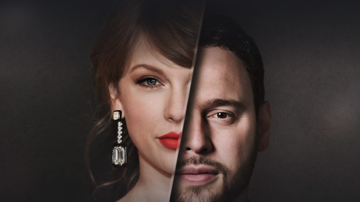 A mashup of Taylor Swift and Scooter Braun&#039;s faces in Taylor Swift vs Scooter Braun: Bad Blood