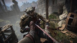 The player character kicks a goblin in the chest on the edge of a cliff in Alkahest.