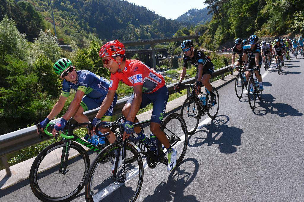 Simon Gerrans (Orica-BikeExchange) and Nairo Quintana (Movistar) chat in the bunch