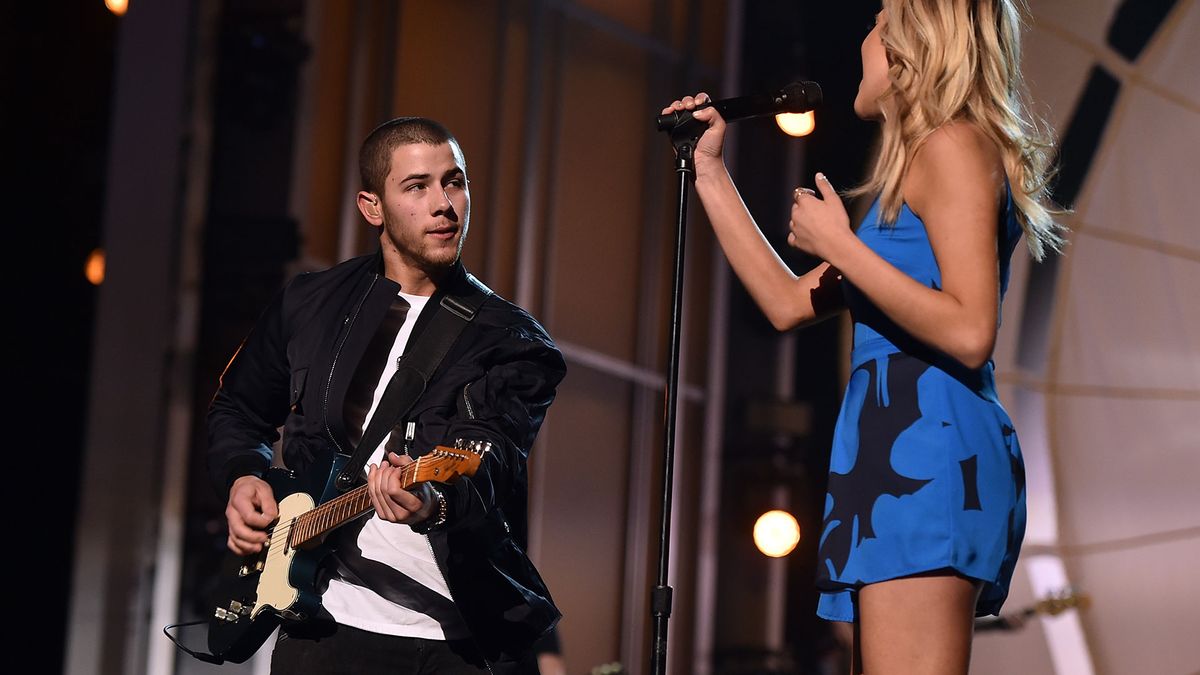 Nick Jonas and Kelsea Ballerini onstage at the 2016 ACM Awards