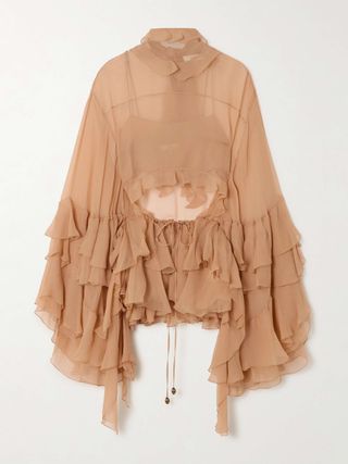 Cutout Ruffled Silk-Crepon Turtleneck Blouse