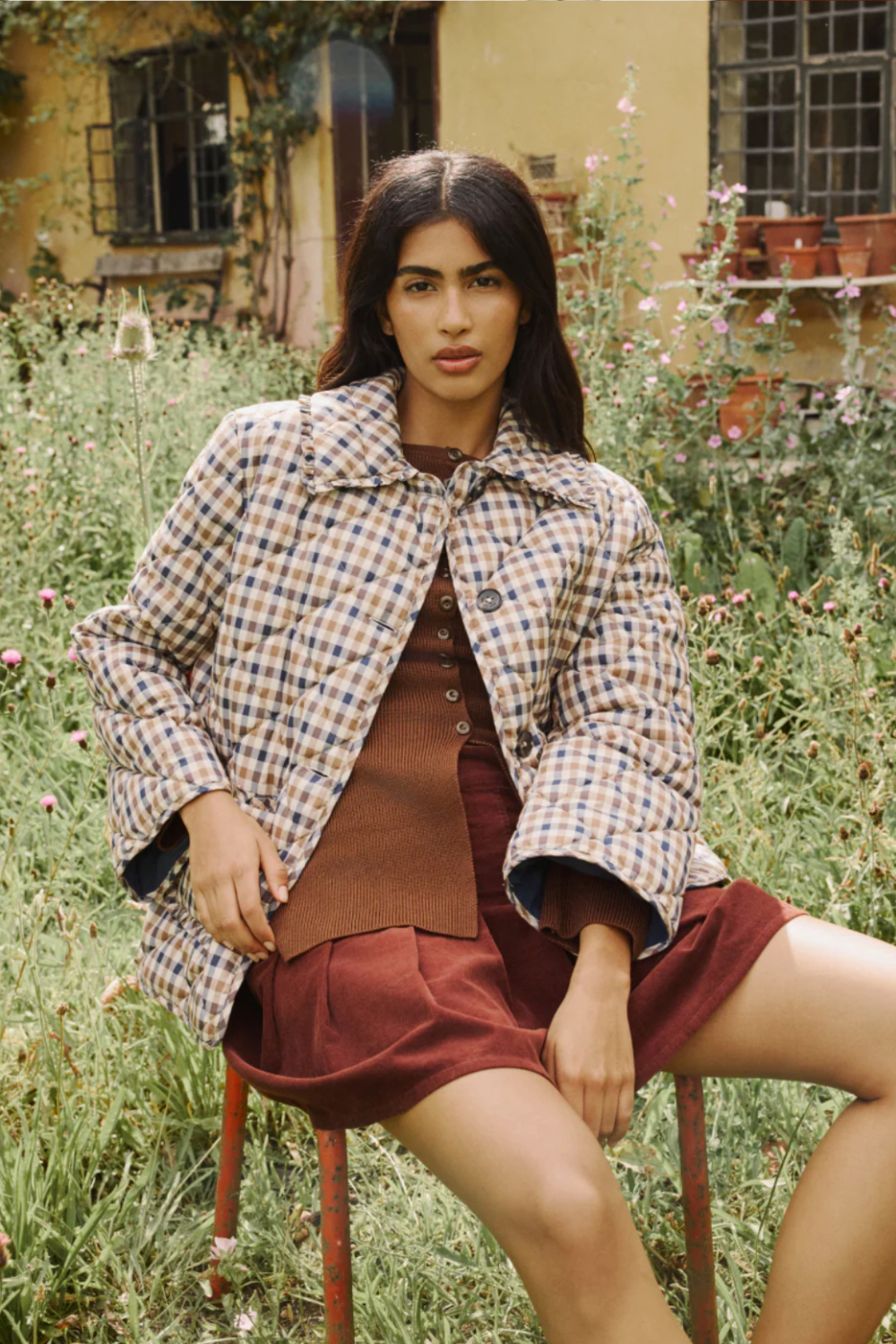 Nobody&#039;s Child check quilted jacket, mini skirt, brown top