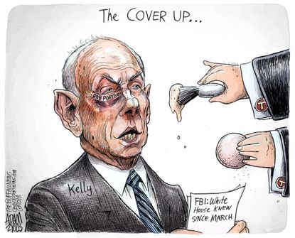Political cartoon U.S. John Kelly Rob Porter domestic abuse cover-up