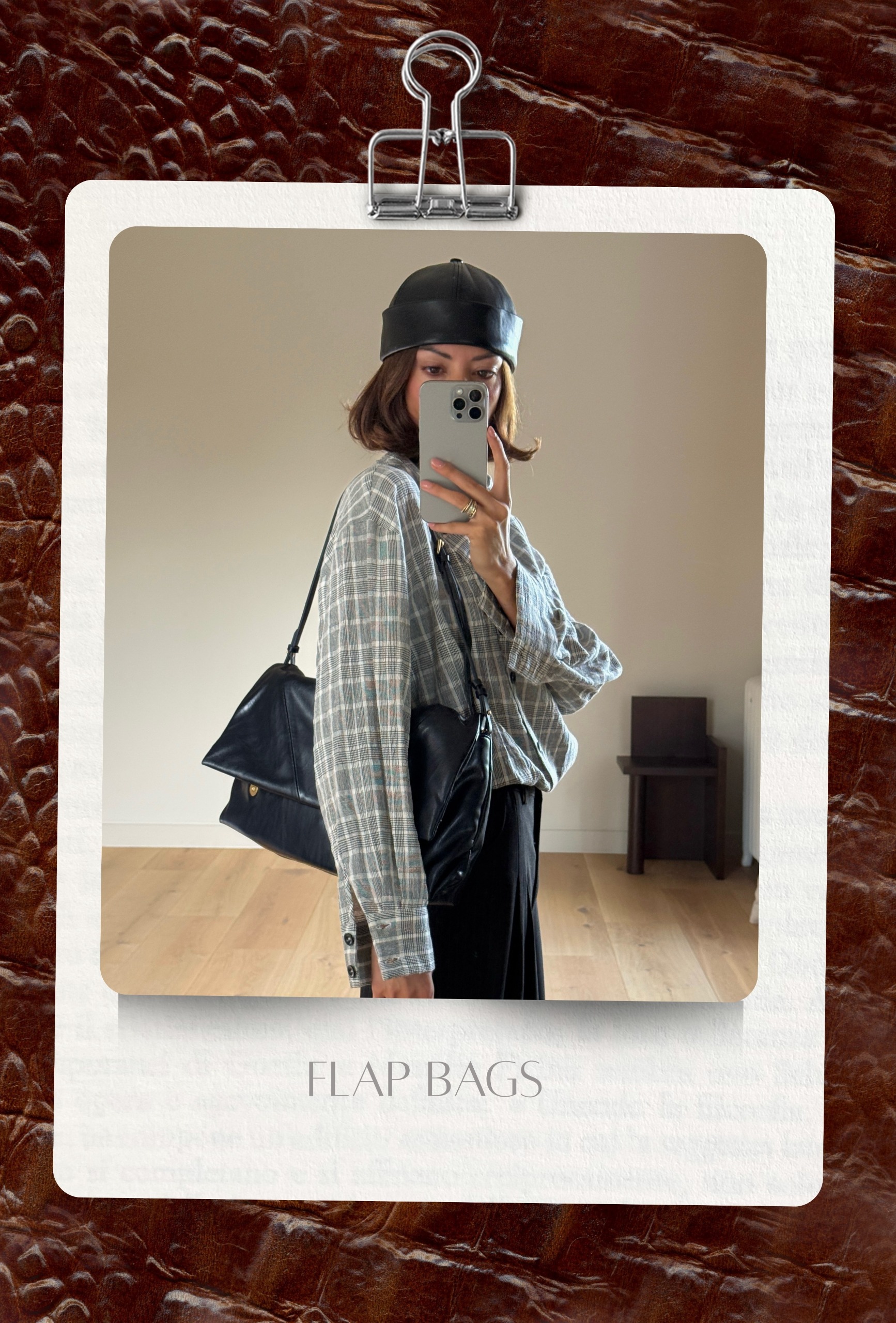 autumn 2026 cult buys: Marianne Smyth wears a check shirt, black trousers and a flap bag