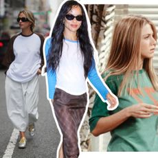 a collage of the baseball-style raglan t-shirt trend at fashion week, on Zoe Kavitz, Emily Ratajkowski, and Jenifer Aniston on 'Friends'