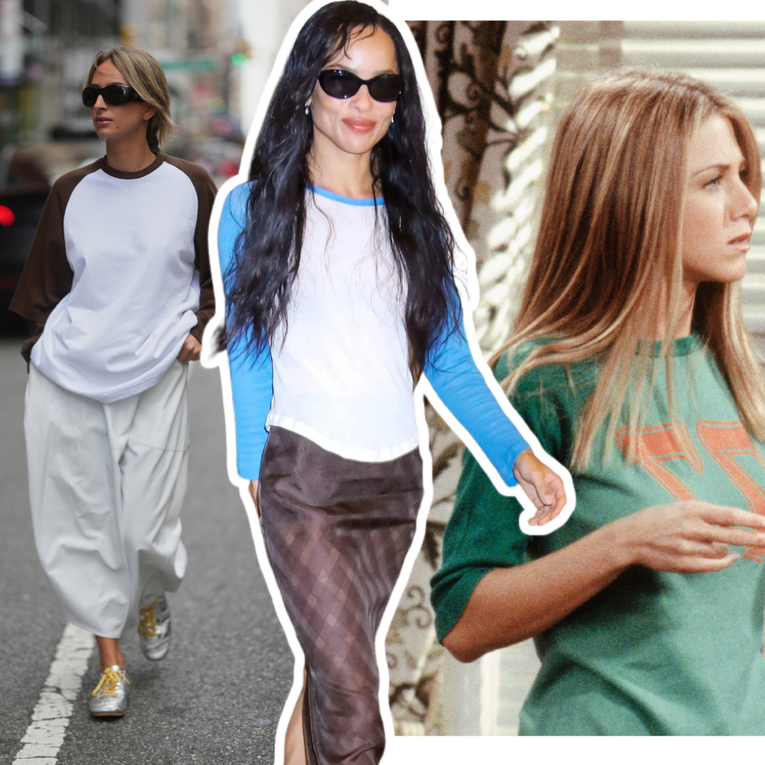 a collage of the baseball-style raglan t-shirt trend at fashion week, on Zoe Kavitz, Emily Ratajkowski, and Jenifer Aniston on 'Friends'
