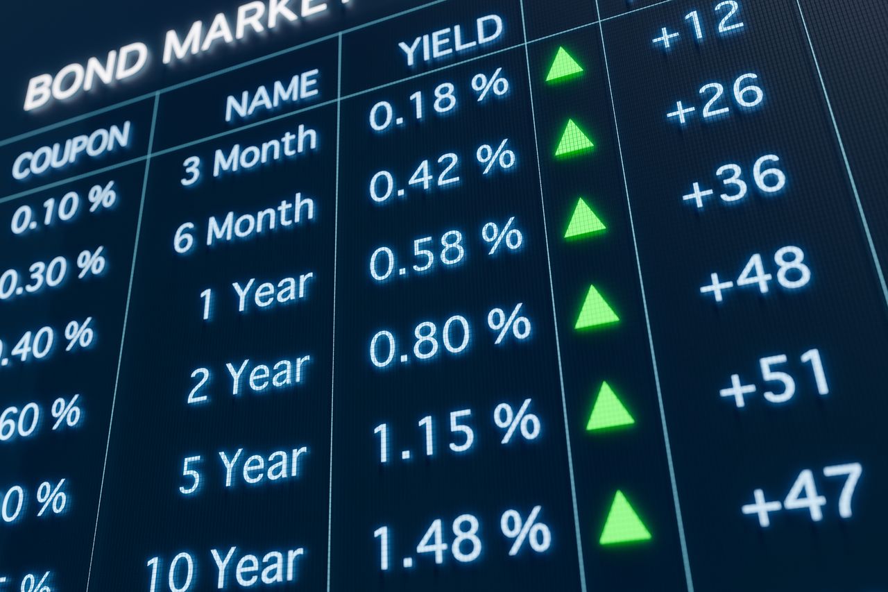 Close-up bond market trading screen with rising yields and coupon rate data