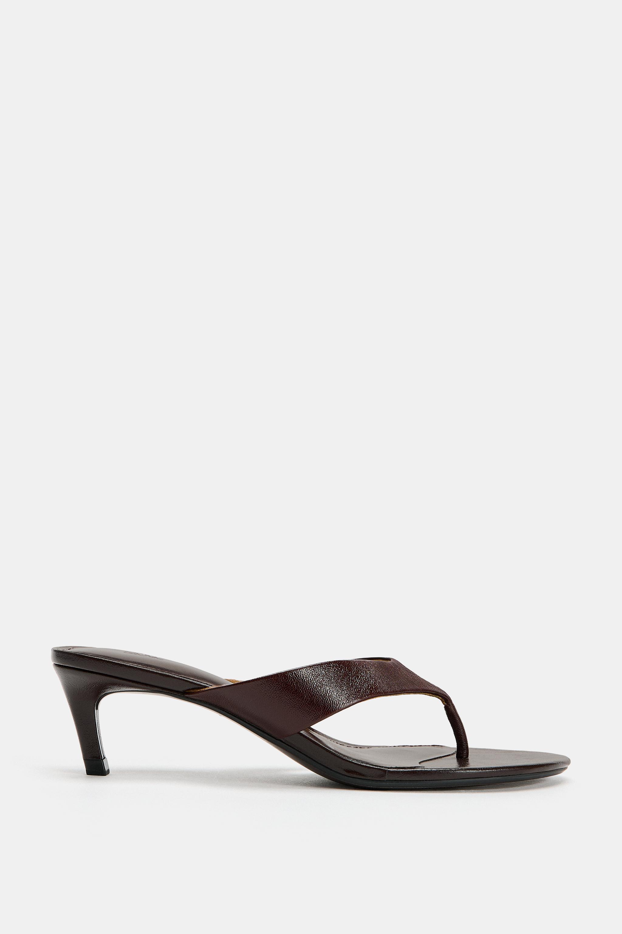 Leather Kitten Heel Sandals - Chocolate Brown - 5
