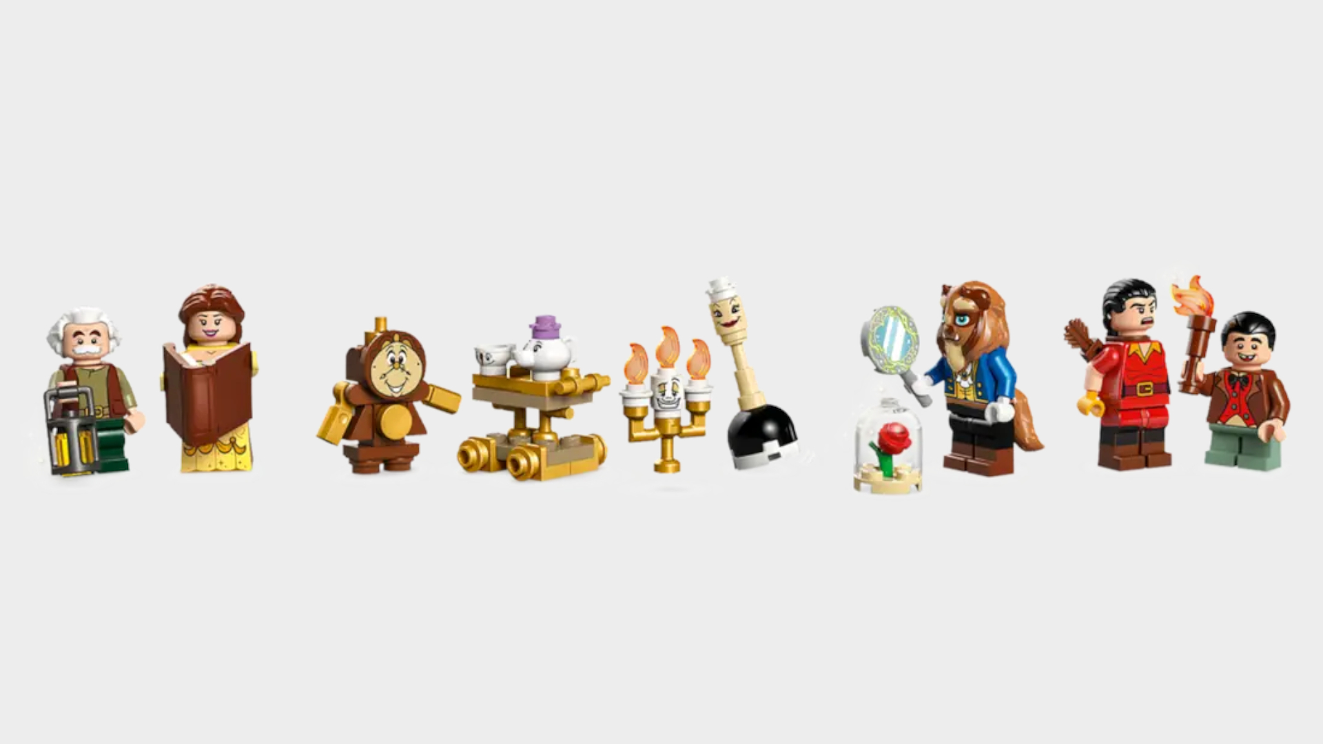 Lego Beauty and the Beast Castle minifigures against a plain background