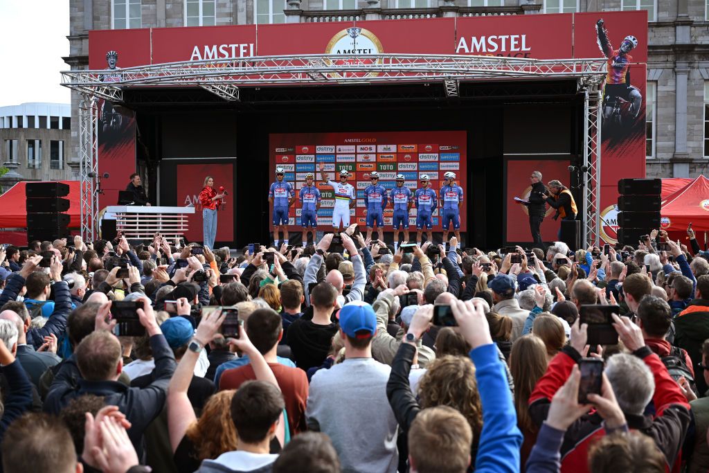 Team presentation for Mathieu van der Poel and Alpecin Deceuninck at the start in Maastricht