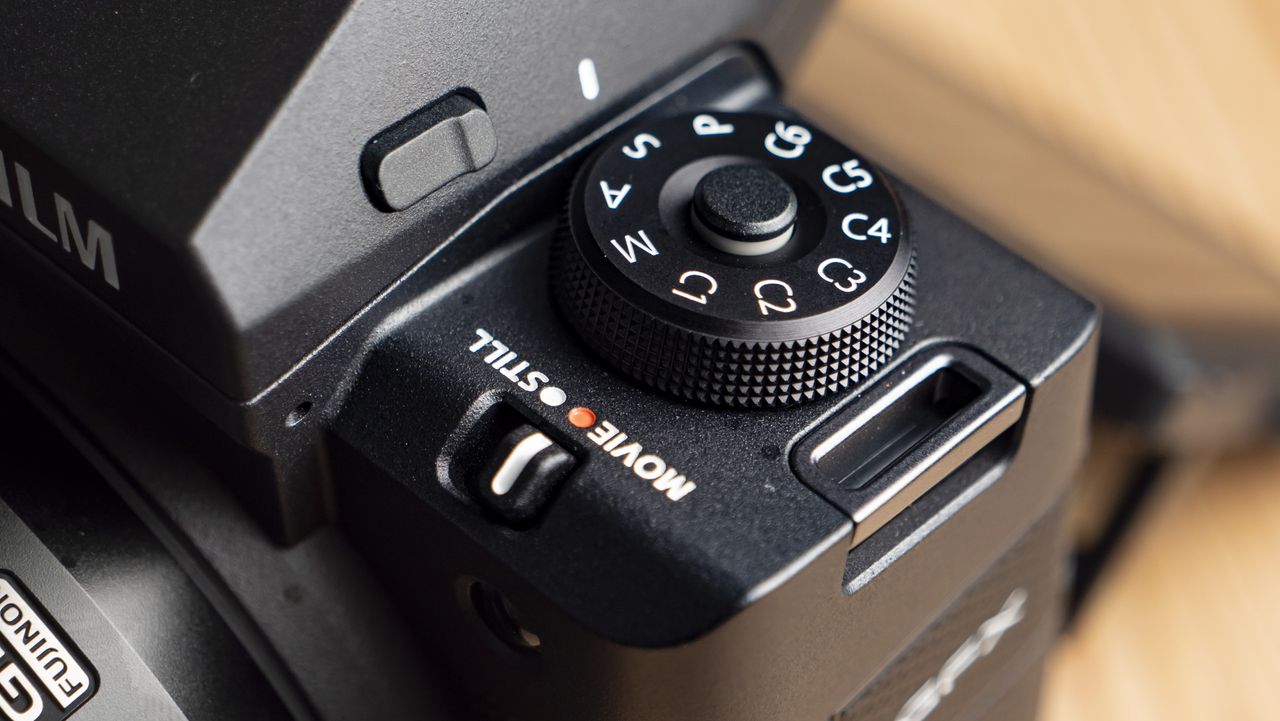Close up of the Fujifilm GFX100 II photo video switch