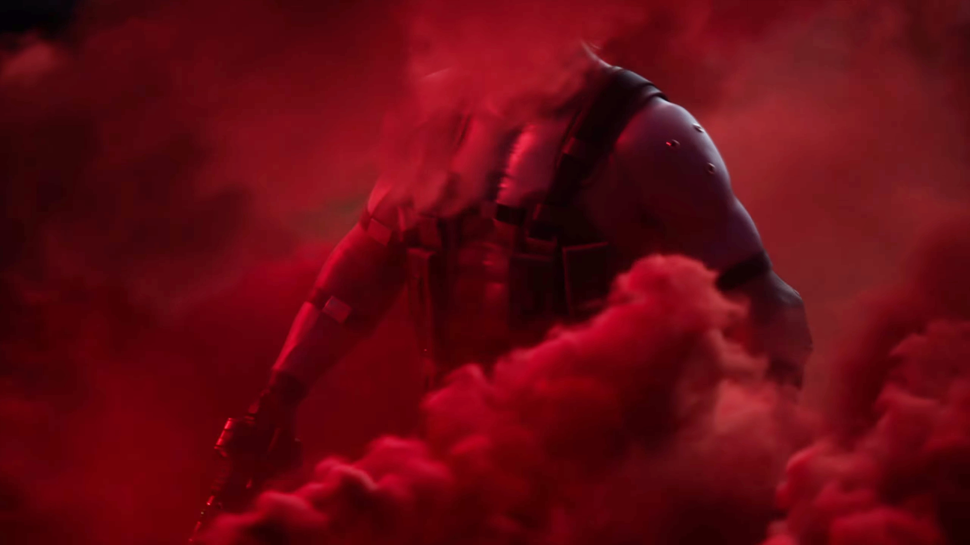 solid snake skulks through a red cloud of smoke