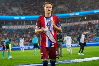 Martin Odegaard of Norway looks on during the UEFA Nations League 2024/25 League B Group B3 match between Norway and Austria at the Ullevaal Stadion on September 9, 2024 in Oslo, Norway. 