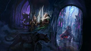 Neverwinter; elf characters hide in a castle corridor