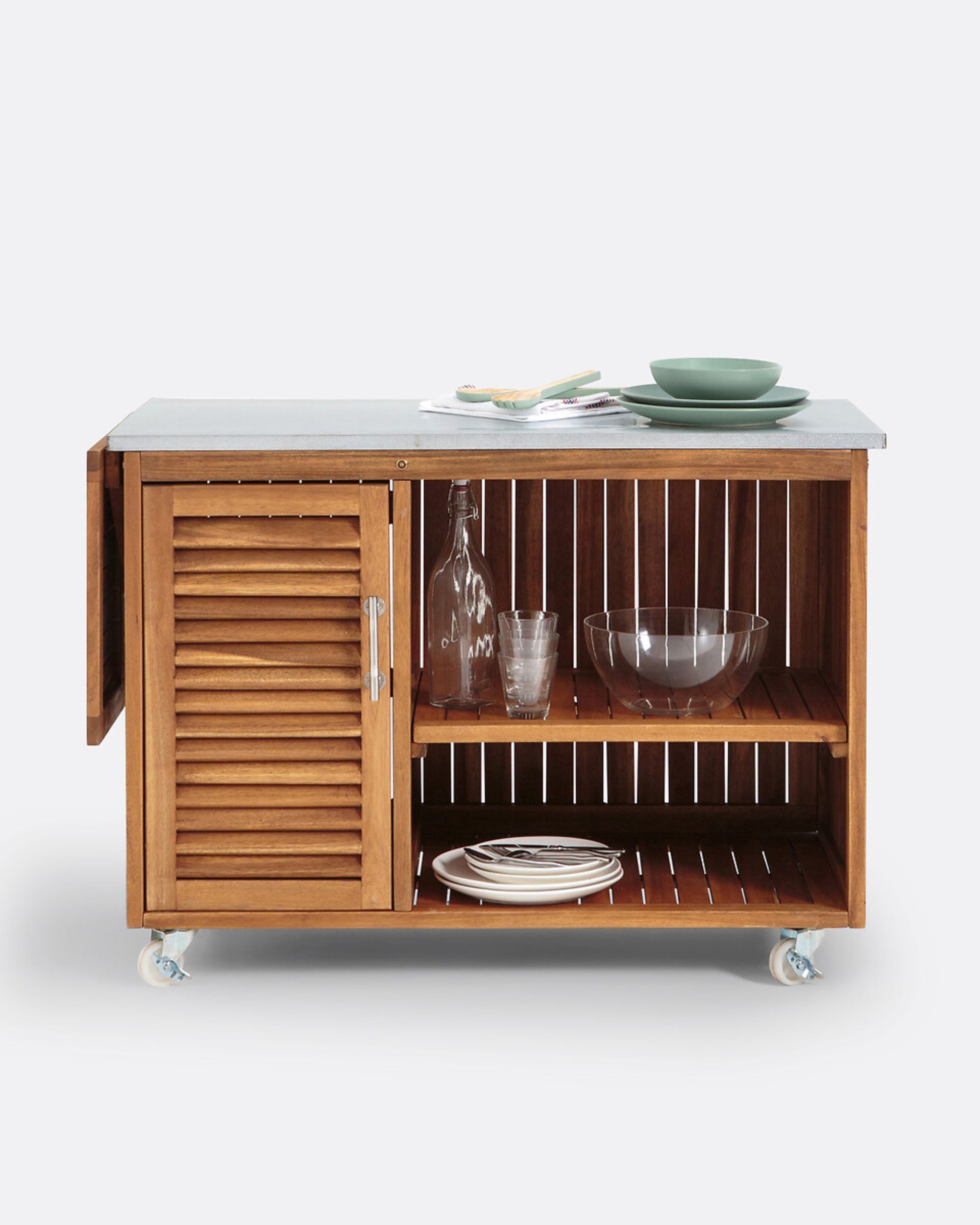 Wooden outdoor kitchen with storage and a gray worktop.