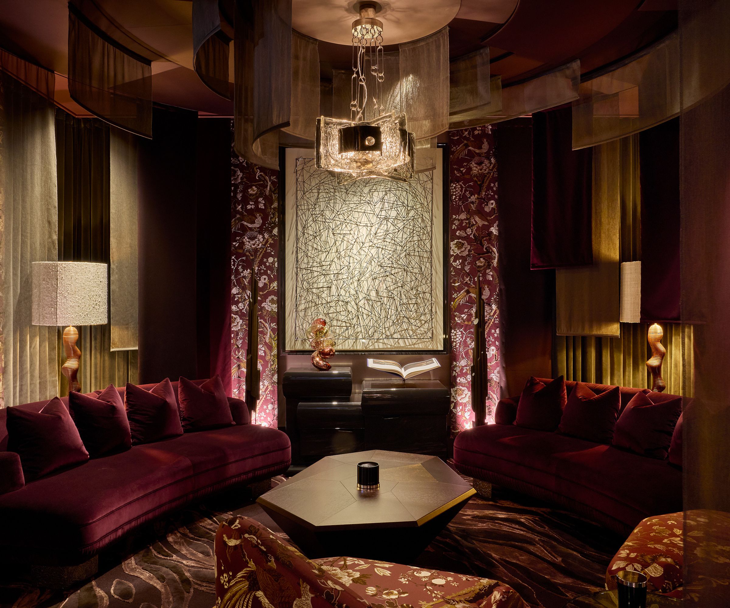 a rich purple parlor room designed by Martin Kemp for WOW!House 2026