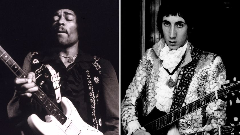 LEFT: Jimi Hendrix (1942 - 1970) performs onstage, late 1960s. RIGHT: Pete Townshend poses backstage, with Gibson EDS-1275 twin neck guitar 