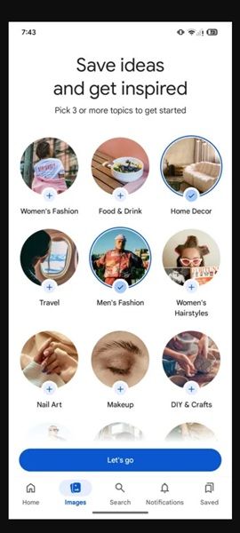 A rumored photo of the "choose three or more topics" page for Google's potential "Images" tab in its main app.