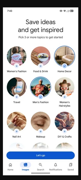 A rumored photo of the "choose three or more topics" page for Google's potential "Images" tab in its main app.