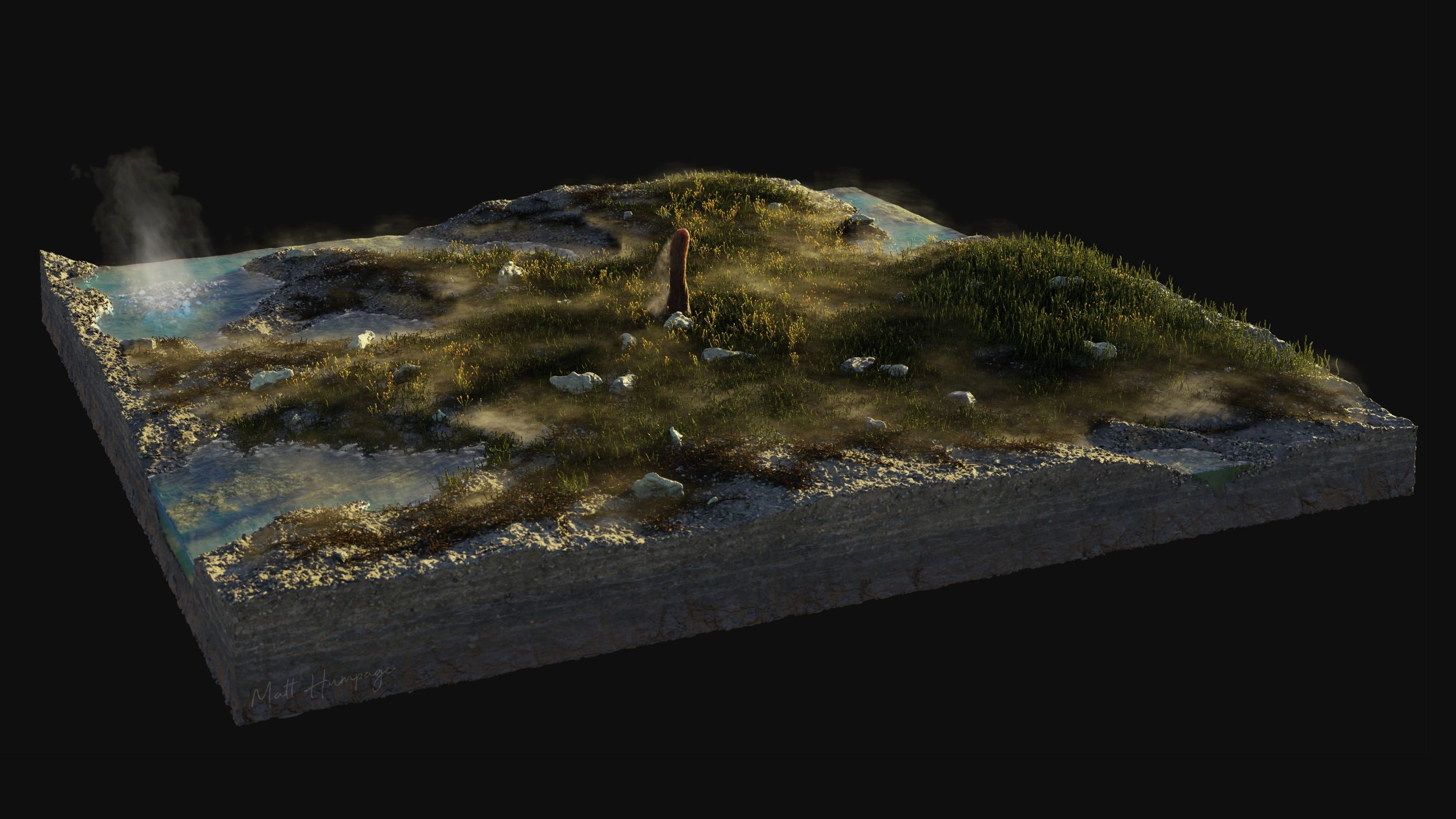 reconstruction of an ancient world with water and land and a weird lifeform