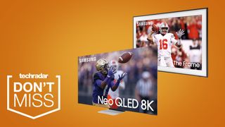 Samsung 8K and The Frame TV on an orange background