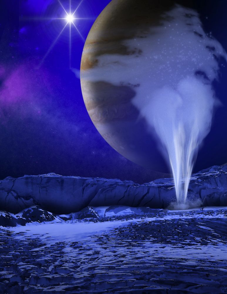 An artist&#039;s illustration of a plume of water vapor emanating from Jupiter&#039;s moon Europa.