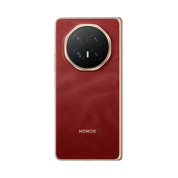 The Honor Magic V6 in a striking red edition colorway with a soft, wispy hair-like texture on its back panel.