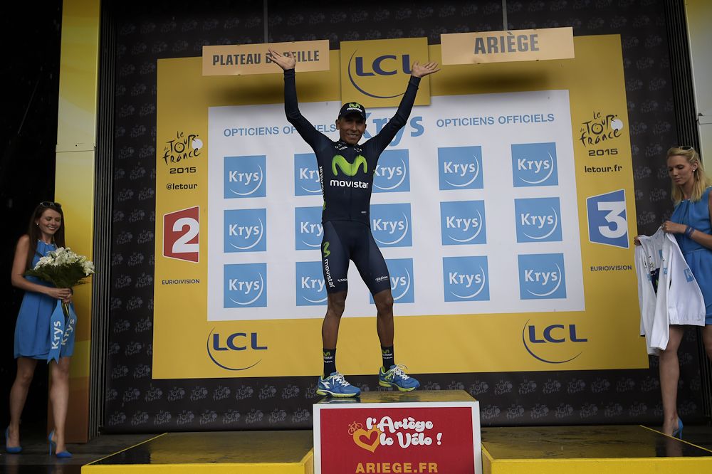 Nairo Quintana on the stage 12 podium.