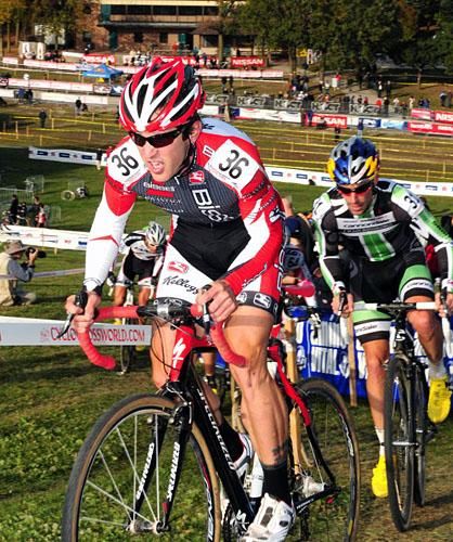 Andy Jacques-Mayne (Bissel Pro Cycling) climbing with Tim Johnson close behind.