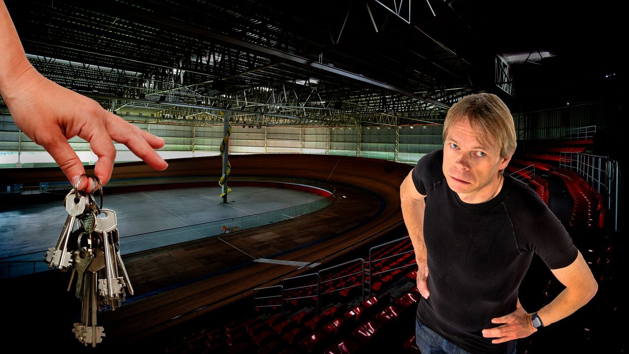 Hutch stands over an empty velodrome