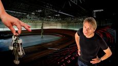 Hutch stands over an empty velodrome