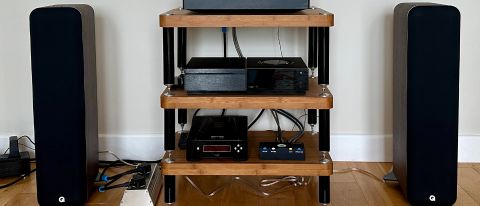 Q Acoustics M40 HD system either side of a hi-fi rack