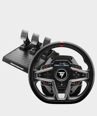 Image of the Thrustmaster T248 PS5 racing wheel controller, with a plain gray background.