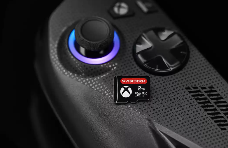 Xbox Ally microSD card from Sandisk on top of an Xbox Ally