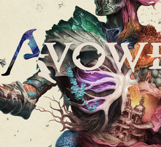 Avowed key art; close ups on digital art, it shows a skeleton warrior with colourful plants and fungus growing from it