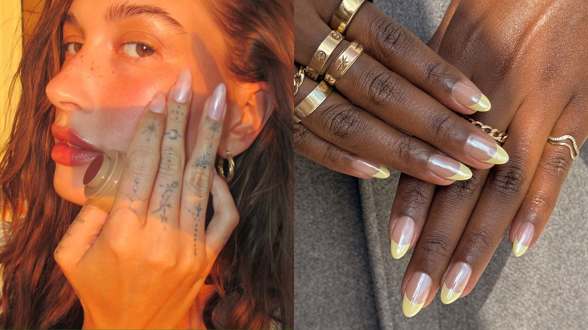 A split image of Hailey Bieber with glazed nails and another set of French glazed nails.