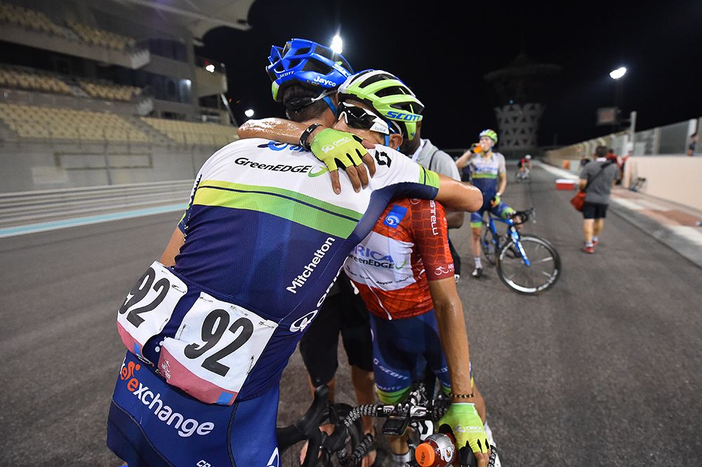 Estaban Chaves is congratulated after the final stage in Abu Dhabi