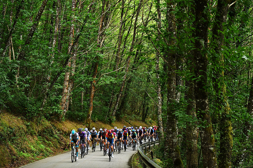 MONFORTE DE LEMOS, SPAIN - SEPTEMBER 07: A general view of the peloton competing during the La Vuelta - 80th Tour of Spain 2025, Stage 15 a 167.8km stage from A Veiga-Vegadeo to Monforte de Lemos / #UCIWT / on September 07, 2025 in Monforte de Lemos, Spain. (Photo by Dario Belingheri/Getty Images)