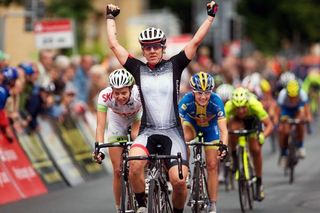Ina-Yoko Teutenberg (Team Specialized-lululemon) celebrates victory in stage 1 at the Internationale Thüringen Rundfahrt der Frauen.