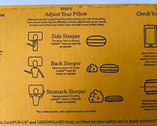 Coop Adjustable Pillow info card in yellow