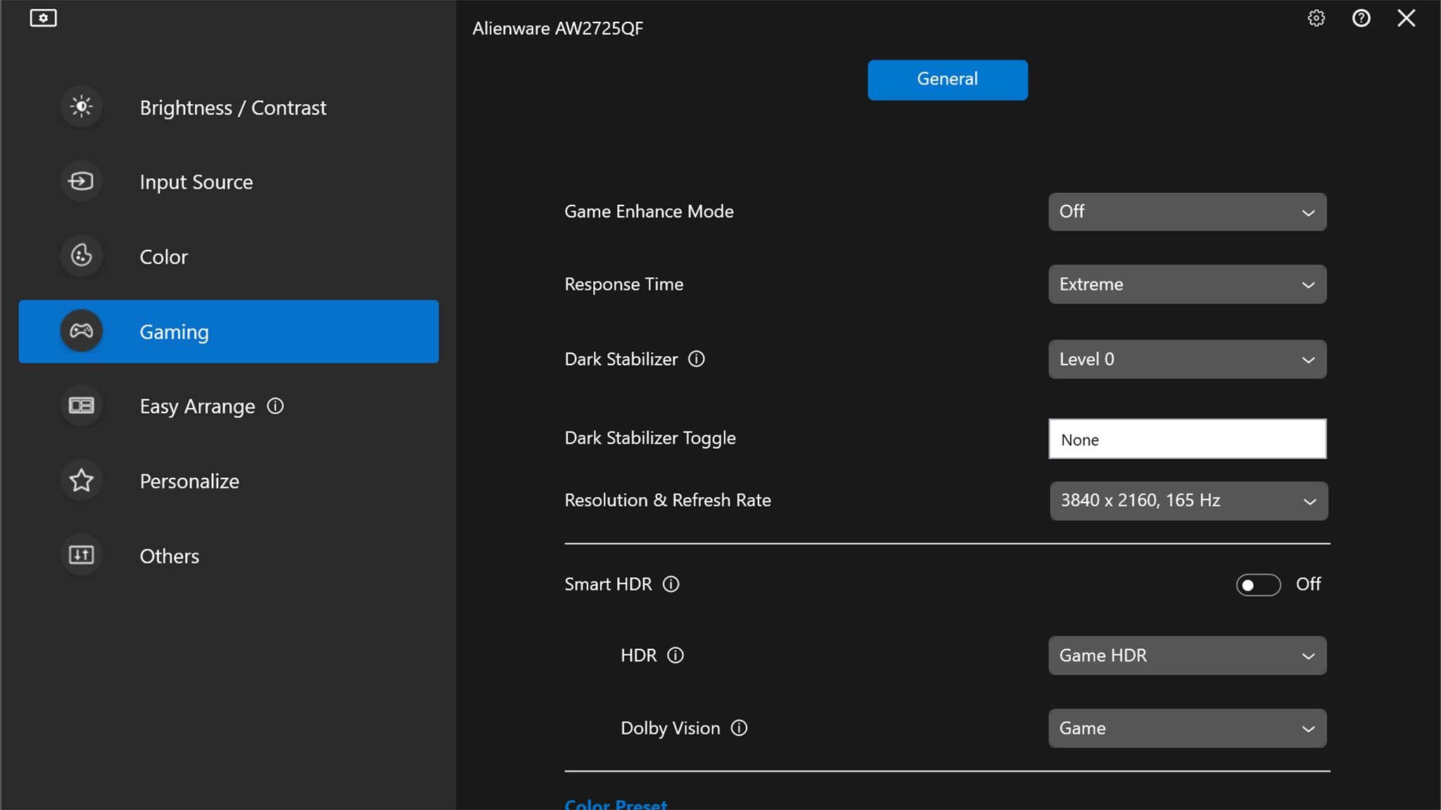 Screenshot of the Dell Display Manager 2's Gaming tab settings.