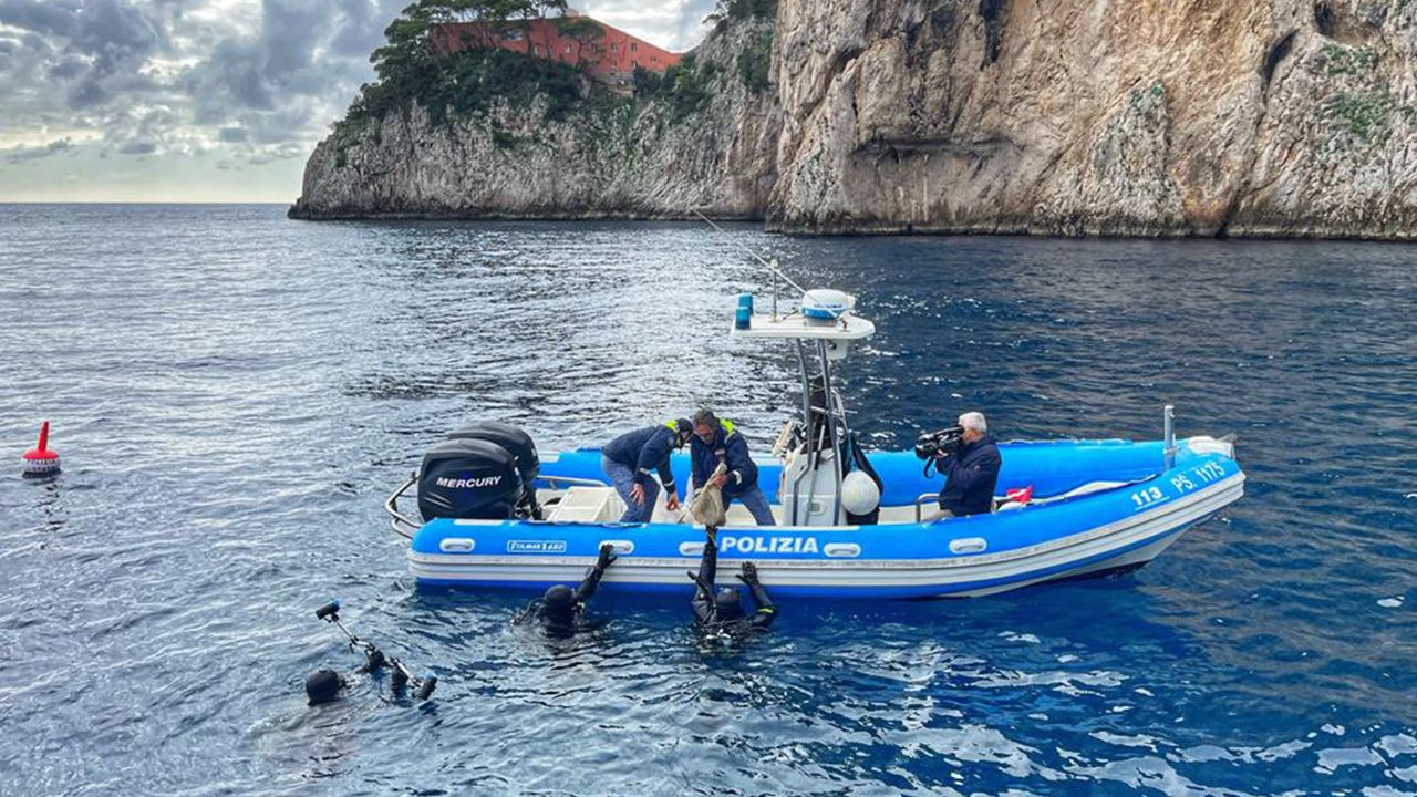 The underwater wreck site was found by police divers in October, within sight of the entrance to the famous sea-cave on Capri known as the Blue Grotto.
