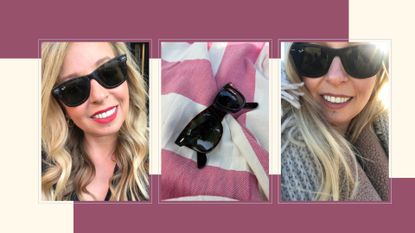 Tester wearing Ray-Ban Wayfarer sunglasses