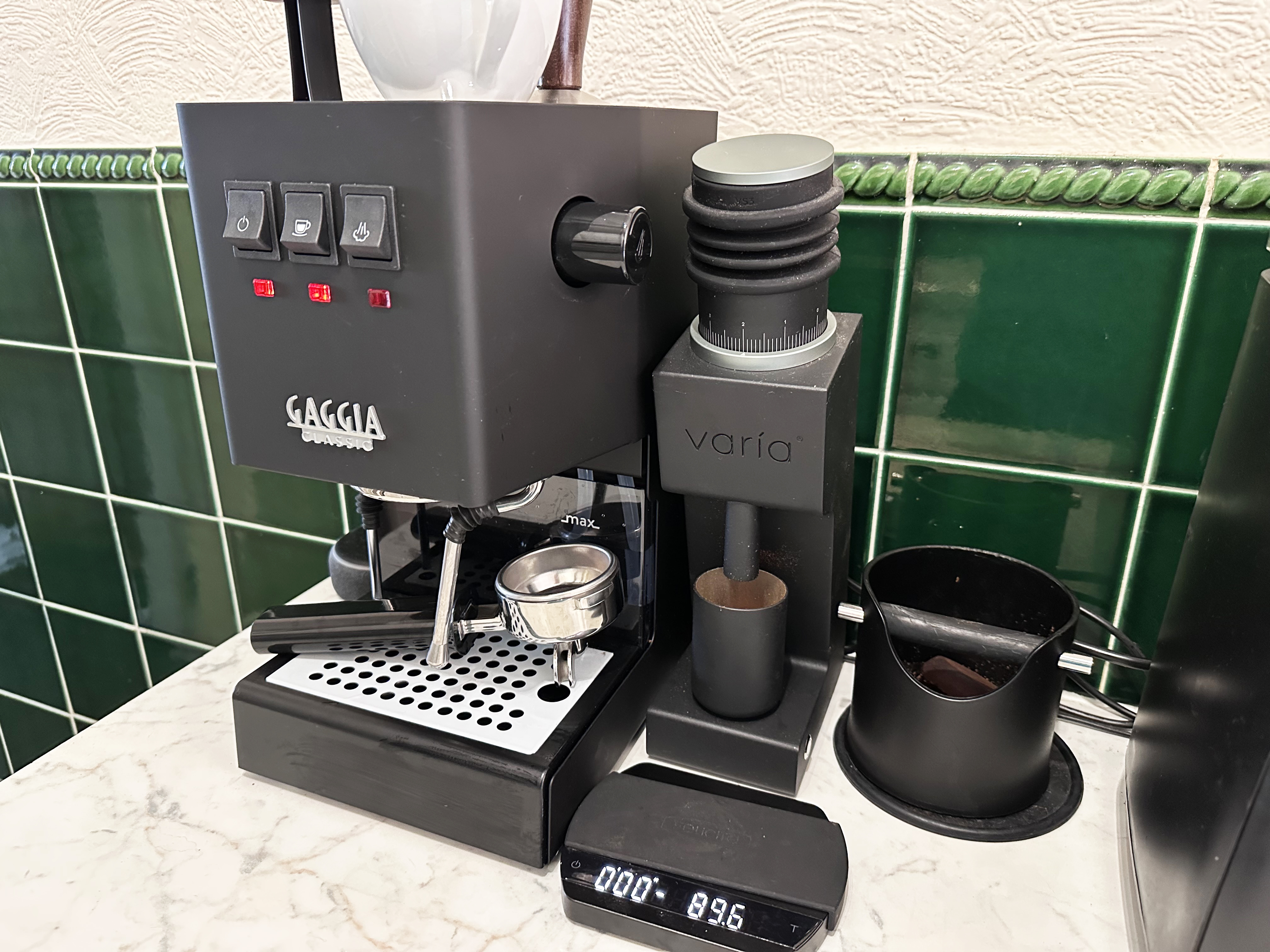 The Gaggia Classic E24 Evo Pro as part of a coffee station in a home kitchen