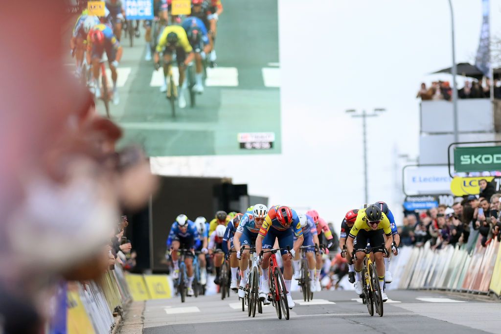LES MUREAUX FRANCE MARCH 03 A general view of Mads Pedersen of Denmark and Team Lidl Trek Olav Kooij of The Netherlands and Team Visma Lease a Bike and Laurence Pithie of New Zealand and Team Groupama FDJ sprint at finish line to win during the 82nd Paris Nice 2024 Stage 1 a 1577km stage from Les Mureaux to Les Mureaux UCIWT on March 03 2024 in Les Mureaux France Photo by Alex BroadwayGetty Images